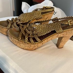 Mui Mui platform sandals with braided gold leather straps in size 8